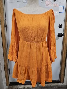 Missguided Orange Off The Shoulder, Bell Sleeve Tiered Mini Dress